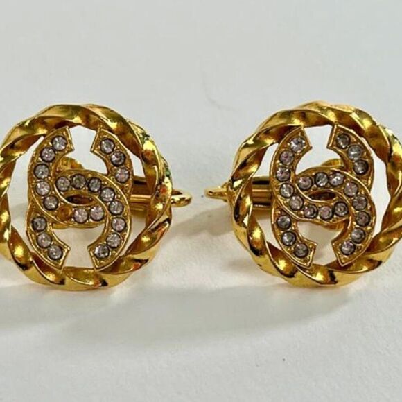 Chanel CC Rhinestone Clip on Earrings in Gold - Picture 7 of 14